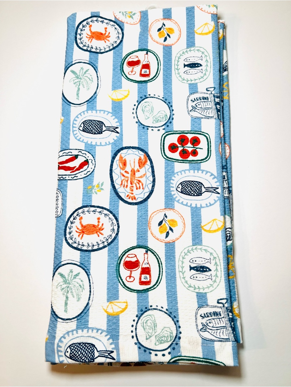 2 Summer Seafood Kitchen Towels Coastal Stripes Lobster Crab Wine Fish Lemon